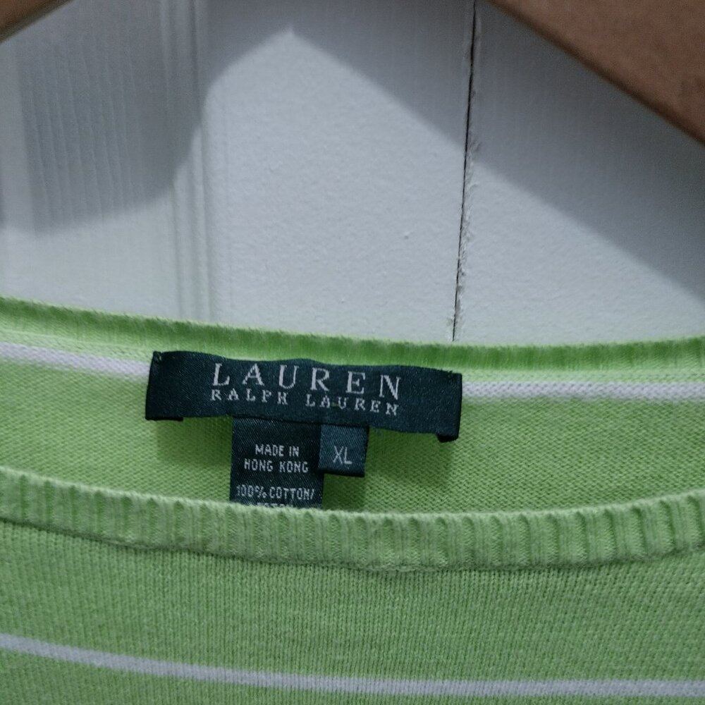 Lauren Ralph Lauren XL Green White Striped Cotton Sweater Lightweight Classic - Picture 3 of 6